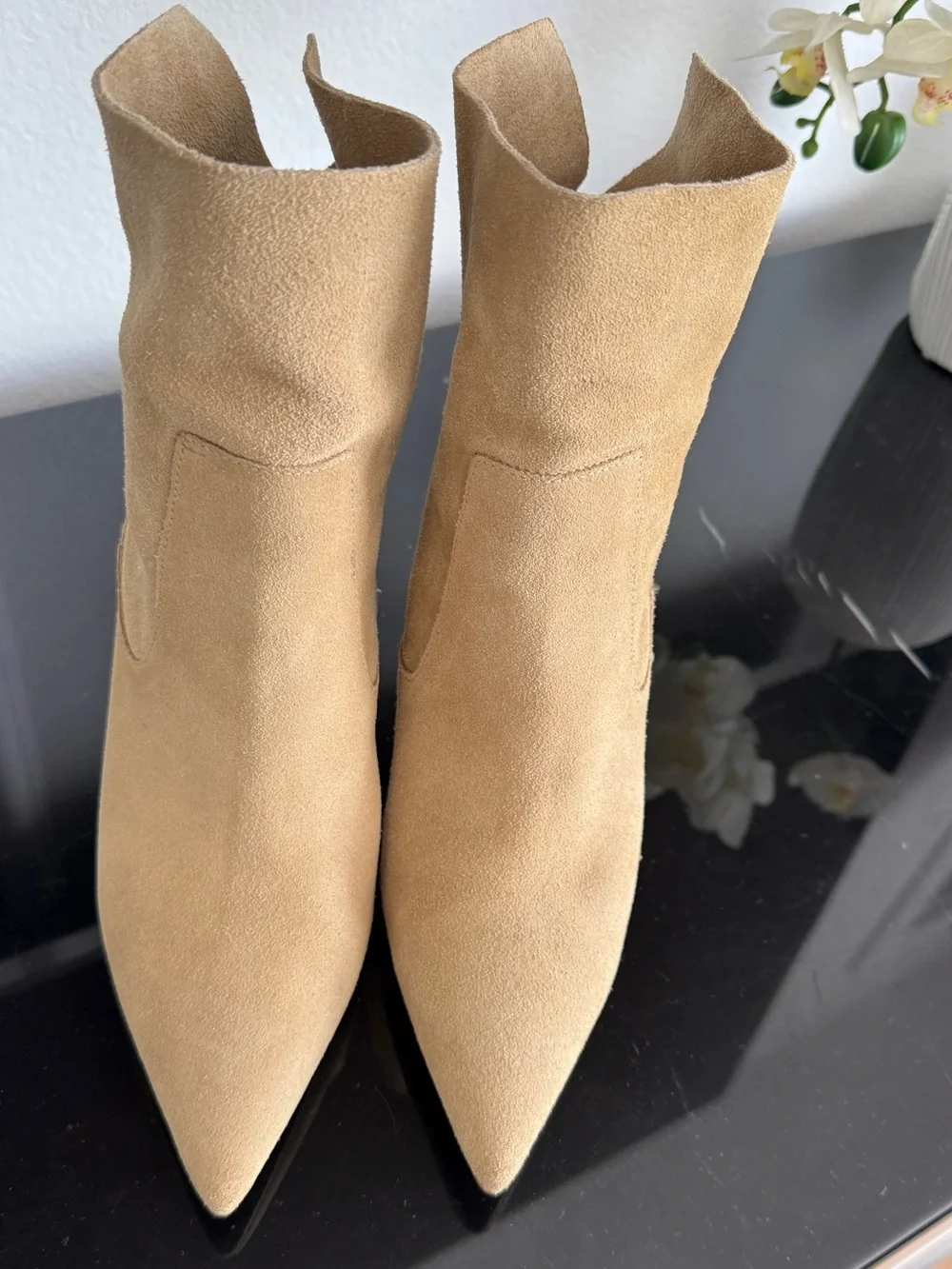 Zara Beige Suede Pointed-Toe Ankle Booties